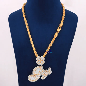 14KT Yellow Gold Rope Chain With Pendant Small Round Cut Lab Diamond Gurukrupa-Gems