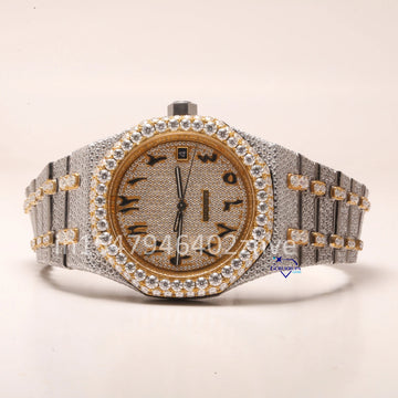 A classic watch with moissanite diamonds, featuring Arabic numerals and diamond studs for a timeless look