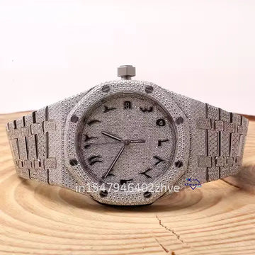 A round dial with arabic numerals fully iced out moissanite diamond watch luxurious looking-Gurukrupa-Gems
