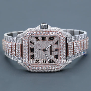 A square dial fully iced out moissanite diamond watch in luxurious white and rose gold colors exuding a lavish appeal-Gurukrupa-Gems