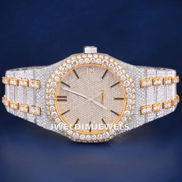 Mens Iced Out Watches Two Tone Silver Yellow Gold Plated Bust Down Moissanite Watch Jweldim Jewels
