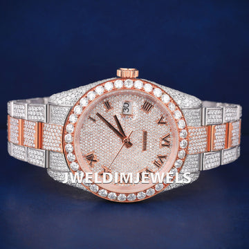 Fully Iced Out Mens Hip Hop Watches Two Tone Silver Rose Roman Numeral Dial Customized Watches Jweldim Jewels