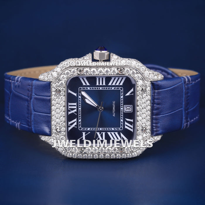 Blue Roman Dial Moissanite Diamond Watch for Men