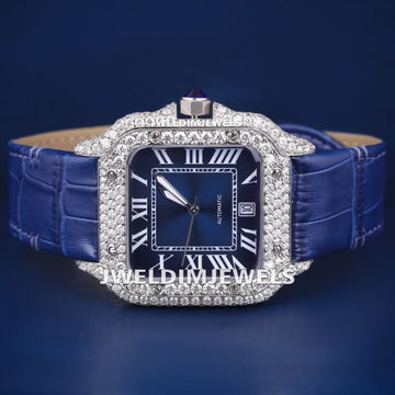 Blue Roman Dial Moissanite Diamond Watch for Men Jweldim Jewels