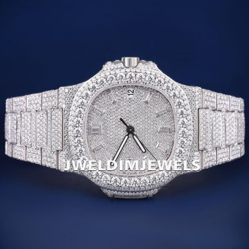 Custom Luxury Mens Watches Fully Iced Out Silver Baguette Dial VVS Clarity Trendy Watches Jweldim Jewels