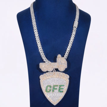 Custom Iced Out GFE Carat One Shield Pendant with Diamond Cuban Link Chain Jweldim Jewels