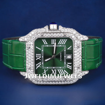Luxury Mens Watches Rappers Iced Out Watch on Wrist Green Leather Strap Green Dial Watches for Mens in Fully Customized Jweldim Jewels