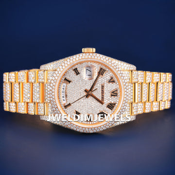 41mm Yellow Roman Dial Day Date Fully Iced Out Presidential Watch in Custom VVS Diamond Watch Richest Rapper Watches with Real Diamonds Jweldim Jewels