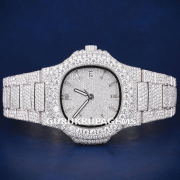 New Custom Watches for Men with Baguette Diamond Numerals Dial Fully Silver Iced Out Watch Jweldim Jewels