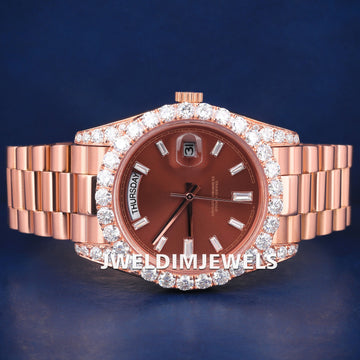Big pointers on bezel day and date luxury brown face ros egold stainless steel watch Jweldim Jewels