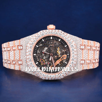 Full Iced Out Rose Plated with Black Skeleton Dial VVS Diamond Watches for Sale Mens Womens Jweldim Jewels