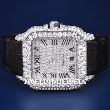 Mens Black Leather Belt Watch Fully Iced Out Silver Diamond Dial with Roman Numeral VVS Hiphop Watch Jweldim Jewels