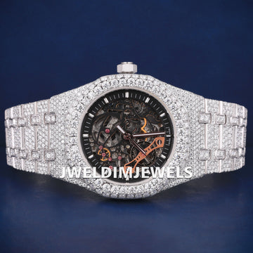 Black Skeleton Dial Royal Oak Fully Studded Moissanite Watch For Mens Womens Jweldim Jewels