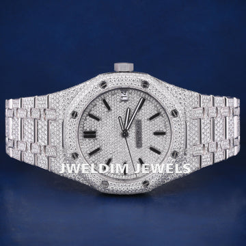 Custom New Royal Oak Luxury Mens Hip Hop Diamond Watches Silver Fully Iced Out Screw Bezel VVS Clarity Mens Diamond Watch Jweldim Jewels