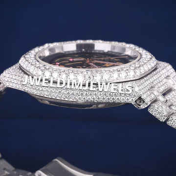 Black Skeleton Dial Royal Oak Fully Studded Moissanite Watch For Mens Womens Jweldim Jewels