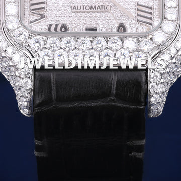 Mens Black Leather Belt Watch Fully Iced Out Silver Diamond Dial with Roman Numeral VVS Hiphop Watch Jweldim Jewels