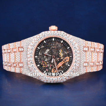 Black Skeleton Dial Royal Oak Fully Studded Moissanite Watch For Mens Womens (Copy) Gurukrupa-Gems