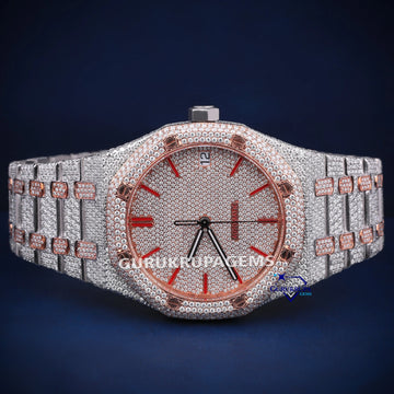 Custom red stick dial fully iced diamond moissanite watch Gurukrupa-Gems
