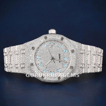 Full White Arabic Dial Hip Hop Diamond Watch VVS Clarity Gurukrupa-Gems