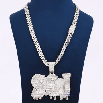 Fully Iced Out Small Round Cut Lab Diamond Chain With Pendant In 14KT White Gold Gurukrupa-Gems