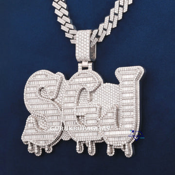 Fully Iced Out Small Round Cut Lab Diamond Chain With Pendant In 14KT White Gold Gurukrupa-Gems