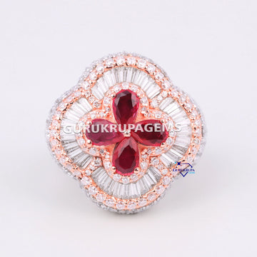 Hip hop fully iced out baguette and round def color vvs clarity clover ring Gurukrupa-Gems