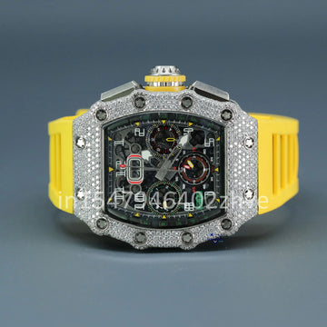 Hiphop watch with moissanite diamond features a stylish design and a yellow rubber strap-Gurukrupa-Gems