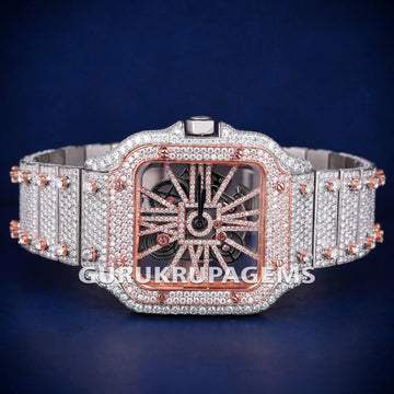 Iced Out Skeleton Two Tone Rose Gold Color Dial Customized Silver VVS Diamond Hip Hop Watch for Men Gurukrupa-Gems