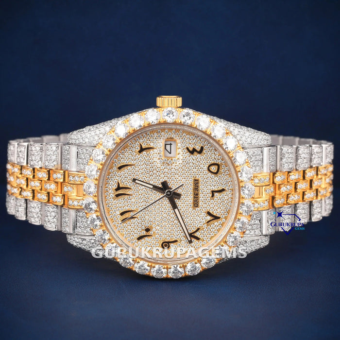 Iced Two Tone Diamond Watch with Arabic Dial VVS Moissanite Pass Tester Certified