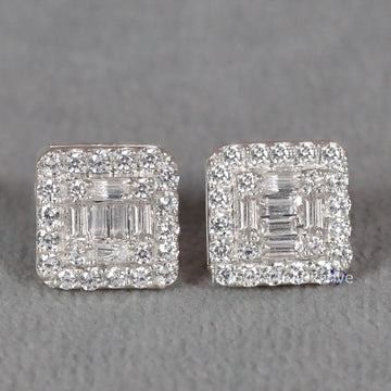 Illuminating Your Beauty with graceful round and baguette cut diamond studded earring in 14 kt white gold for women wore at any occasion-Gurukrupa-Gems
