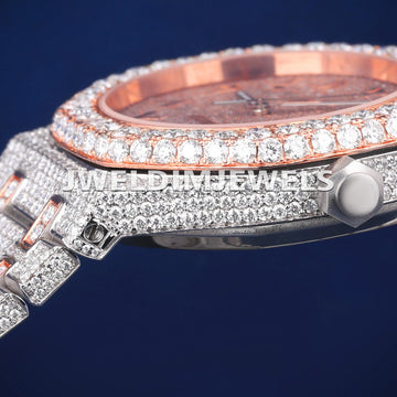 Luxurious Two Tone Iced Out Hiphop Bust Down Watch with Full Diamond Rose Dial VVS Custom Mens Diamond Watches Gurukrupa-Gems