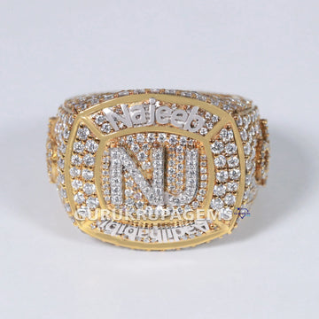 Luxurious lab grown diamond hip hop ring crafted for custom alphabets in 14 kt yellow and white gold Gurukrupa-Gems