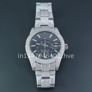 Make a bold statement in hip-hop fashion with fully iced-out moissanite diamond watch, showcasing a sleek black dial