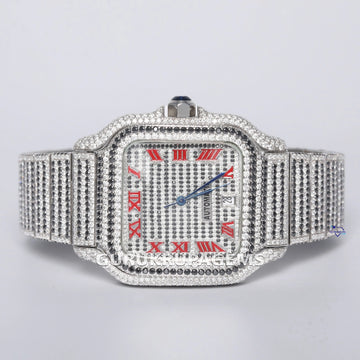 Moissanite diamond studded stainless steel watch with red Roman numerals exudes timeless elegance and style Gurukrupa-Gems