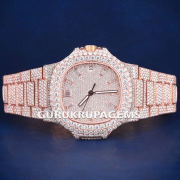 New Custom Watches for Men with Baguette Diamond Numerals Dial Fully Silver Iced Out Watch Gurukrupa-Gems