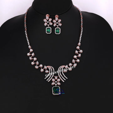 Rose Gold Diamond Necklace Set with Green Emerald Pendant Bridal Luxury Jewelry Gurukrupa-Gems