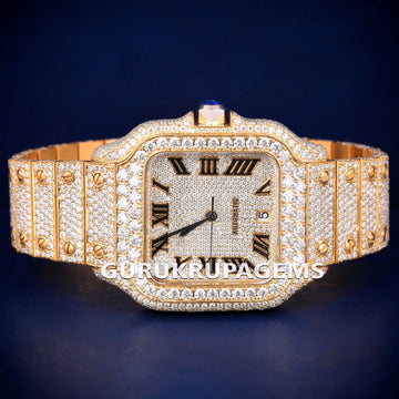 Rose Silver Moissanite Stainless Steel Iced Out Roman Numeral Dial Watch for Unisex Gurukrupa-Gems
