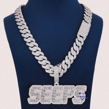 Round And Baguette Cut Diamond Pendant With Miami Chain In 14KT Gold Gurukrupa-Gems