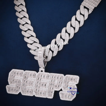 Round And Baguette Cut Diamond Pendant With Miami Chain In 14KT Gold Gurukrupa-Gems