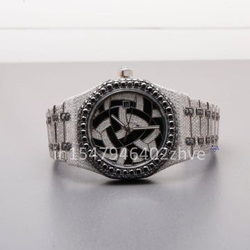 Stainless steel watch, fully iced out with flawless moissanite diamonds, is truly eye-catching