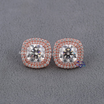 Stylish 14kt rose gold earring with cushion and round cut labgrown diamond trending party wear design Gurukrupa-Gems