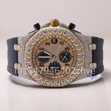The half-iced-out chronograph watch with a rubber strap with moissanite diamonds, is exceptionally cool and stylish