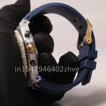 The half-iced-out chronograph watch with a rubber strap with moissanite diamonds, is exceptionally cool and stylish