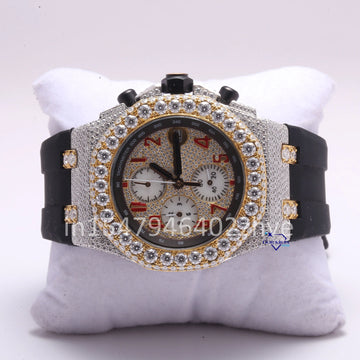 This rubber-strap watch with three dials inside is highly attractive, crafted with captivating moissanite diamonds