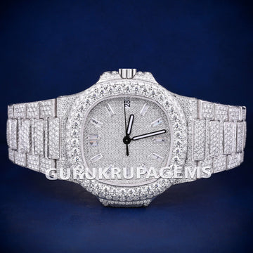 Two Tone Blue Dial Rose Gold Plated Watch Iced Out VVS Moissanite Diamond Luxury Dual Collection Gurukrupa-Gems