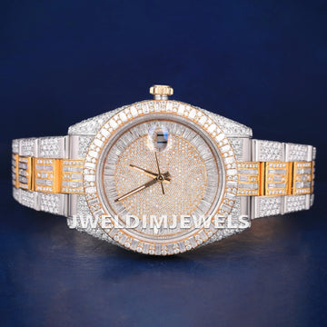 Two Tone Silver & Yellow Dial with Round and Baguette cut Bezel Fully Iced Out Customized Watch for Unisex in HipHop Luxury New Unique Watches Jweldim Jewels