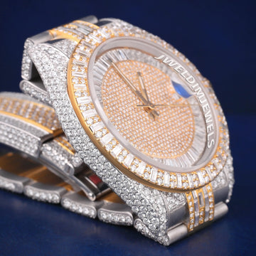 Two Tone Silver & Yellow Dial with Round and Baguette cut Bezel Fully Iced Out Customized Watch for Unisex in HipHop Luxury New Unique Watches Jweldim Jewels