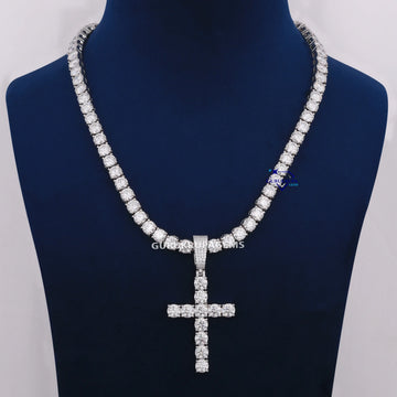 VVS Clarity Round Lab Diamond Tennis Chain With Cross Diamond Pendant Gurukrupa-Gems