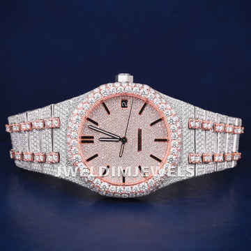 Luxurious Two Tone Iced Out Hiphop Bust Down Watch with Full Diamond Rose Dial VVS Custom Mens Diamond Watches Jweldim Jewels