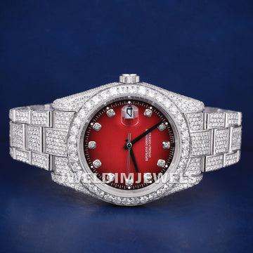 Mens & Womens Luxury Style Dark Red Dial Watch with VVS Clarity Round Moissanite Diamond Jubilee Bracelet New Custom Design Watches Jweldim Jewels
